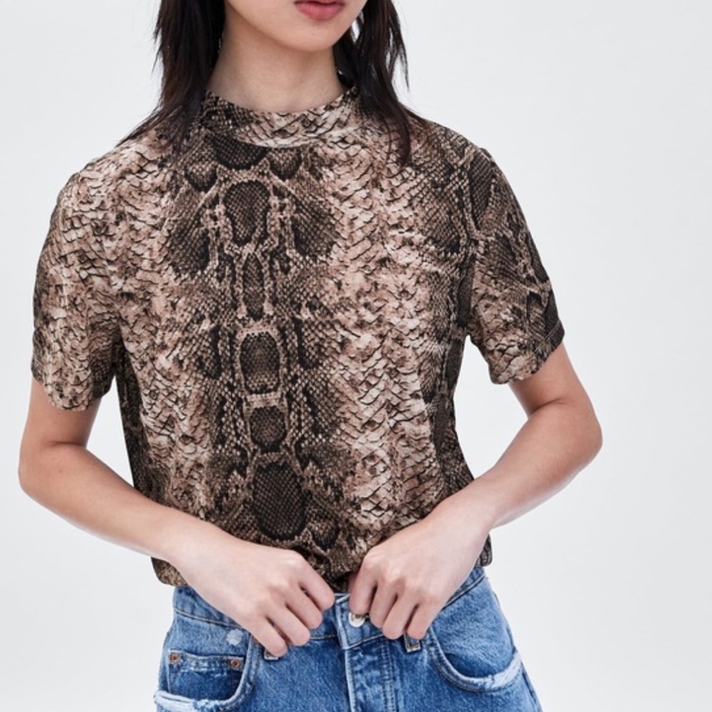 Zara Snakeskin Print Top turtleneck in brown